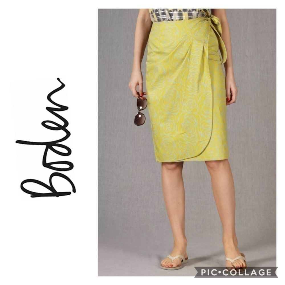 Boden Yellow Gray Floral Wrap Skirt Sz 2 Midi Women’s Pencil Knee Length